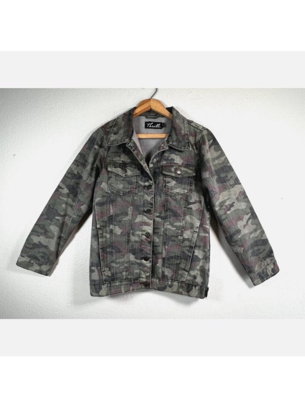 Thrill Womens Jean Jacket Green Camo Med Denim Buttons Ties Cotton Hip Length - Picture 2 of 9